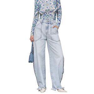 NWT Avec Les Filles Chain-Trim Barrel Leg Jeans Cruiser Wash Blue 27 MSRP $139